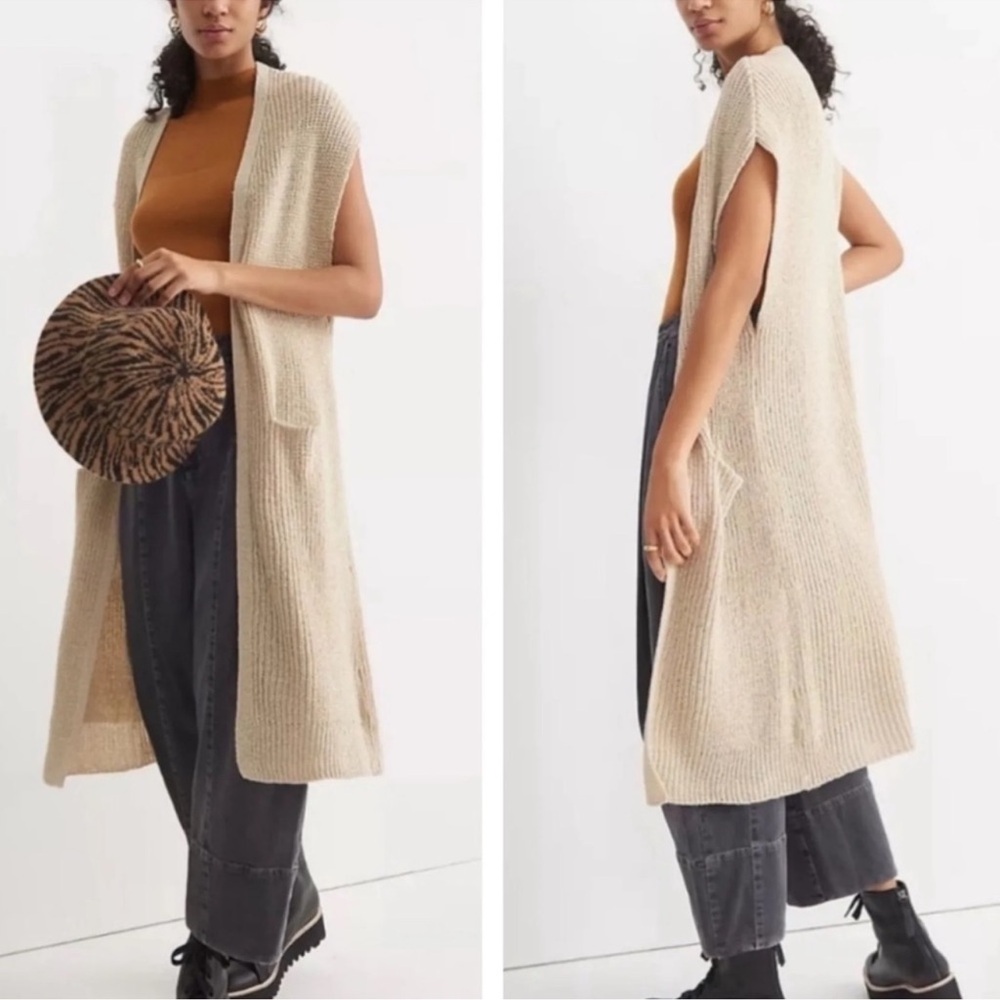Anthropologie Cream Long Knit Open-Front Sleeveless Cardigan